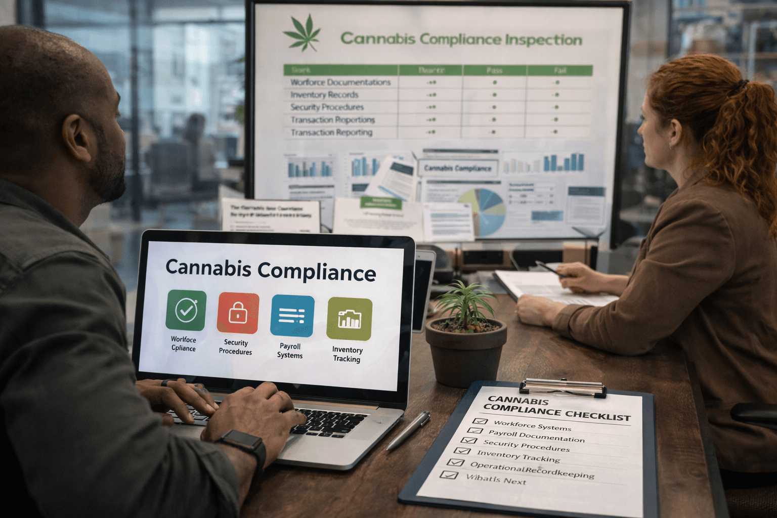 cannabis compliance systems dashboard showing workforce payroll security and inventory tracking