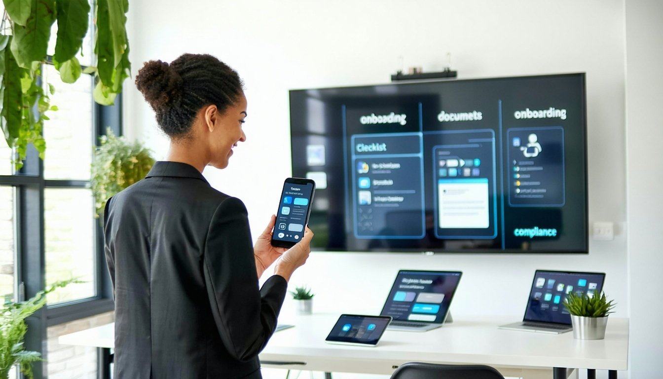 A modern office setting with a bright, clean aesthetic. In the foreground, a confident HR manager is interacting with a new hire, showcasing a mobile