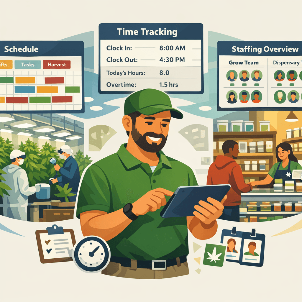 Manager overseeing cannabis cultivation and retail teams on a tablet, showing schedules and time tracking dashboards